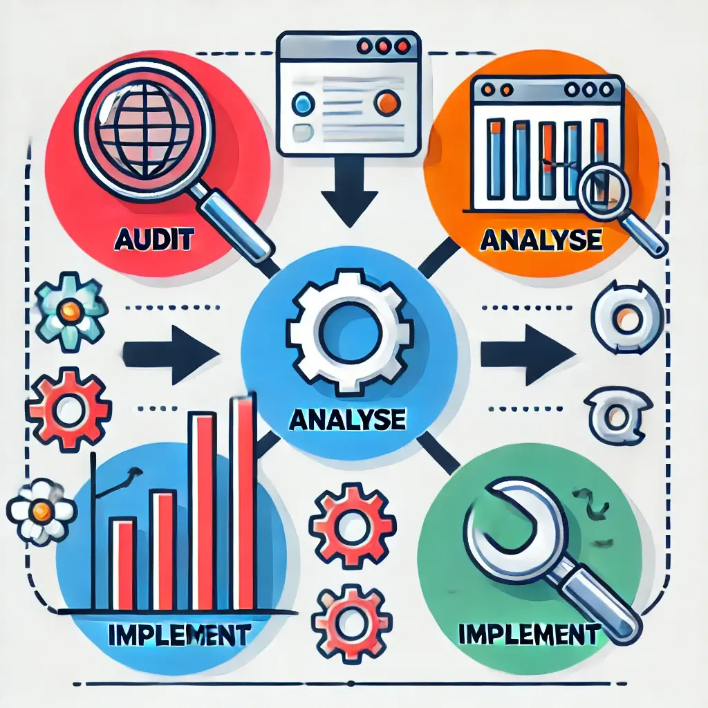 Diagramme expliquant le processus d'audit, d'analyse et d'implémentation de modifications pour adapter rapidement un site web aux nouvelles tendances du marché.