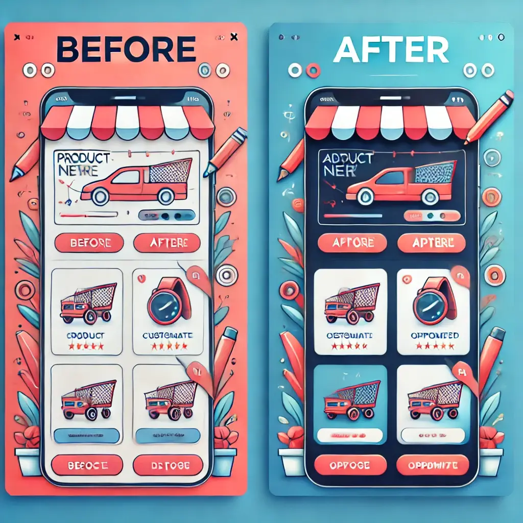 Interface e-commerce avant et après l'ajout de nouvelles fonctionnalités telles qu'un outil de personnalisation de produit et une navigation mobile optimisée, illustrant l'impact sur les ventes.