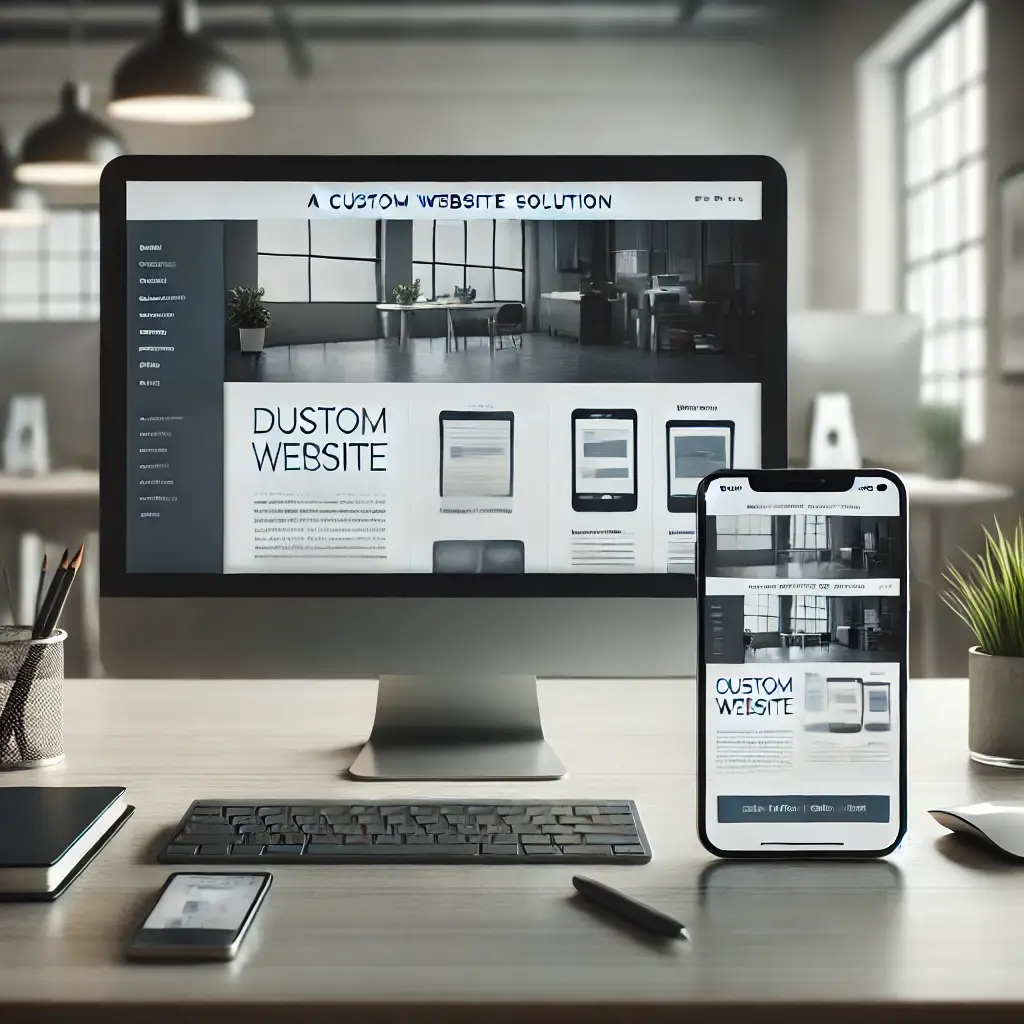 Mockup d'un site web sur mesure affichant les versions desktop et mobile, démontrant la flexibilité et l'adaptabilité d'une solution web personnalisée.